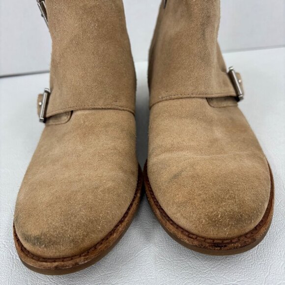 Michael Kors Suede Ankle Boots Size 6.5 Tan Leather Side Zip Block Heel Bootie - Picture 8 of 12